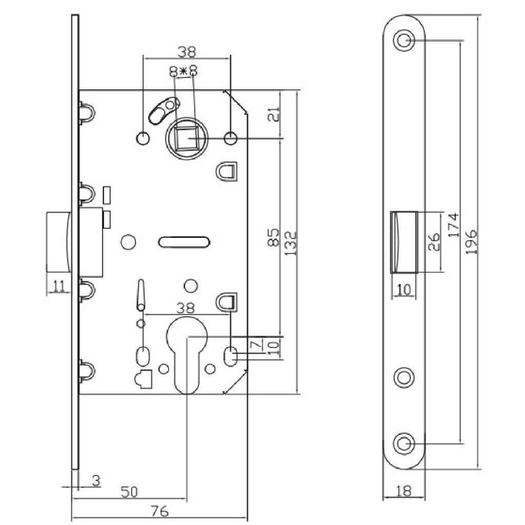 Serratura scrocco in nylon foro cilindro bordo tondo con interasse da 85 mm