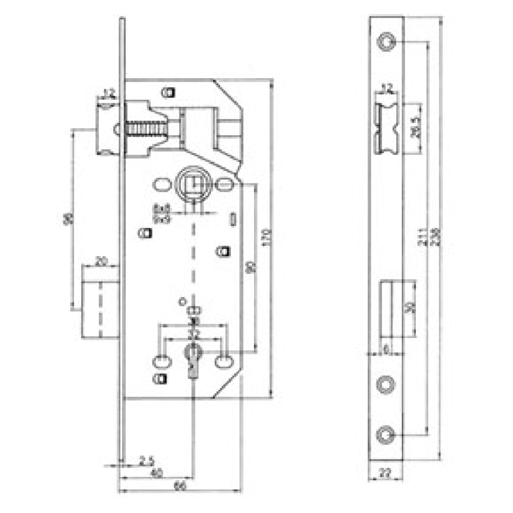 Serratura bordo quadro per porte interne con interasse da 90 mm