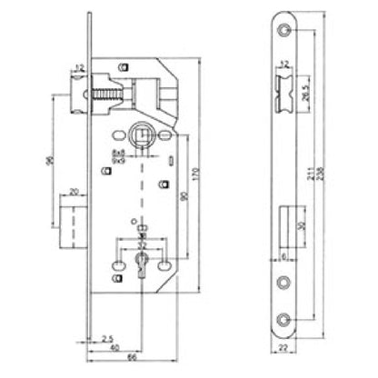 Serratura bordo tondo per porte interne con interasse da 90 mm