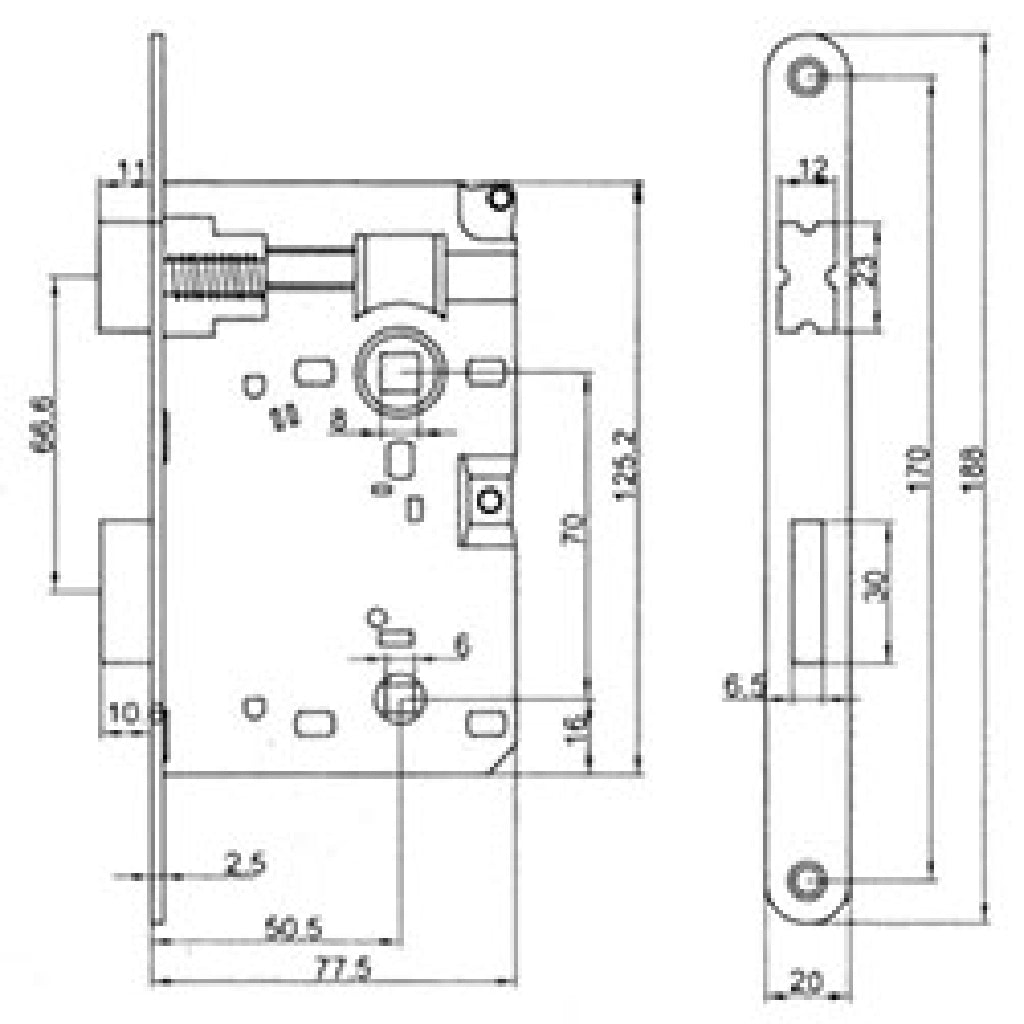 Serratura doppio quadro bordo tondo per porte interne con interasse da 70 mm