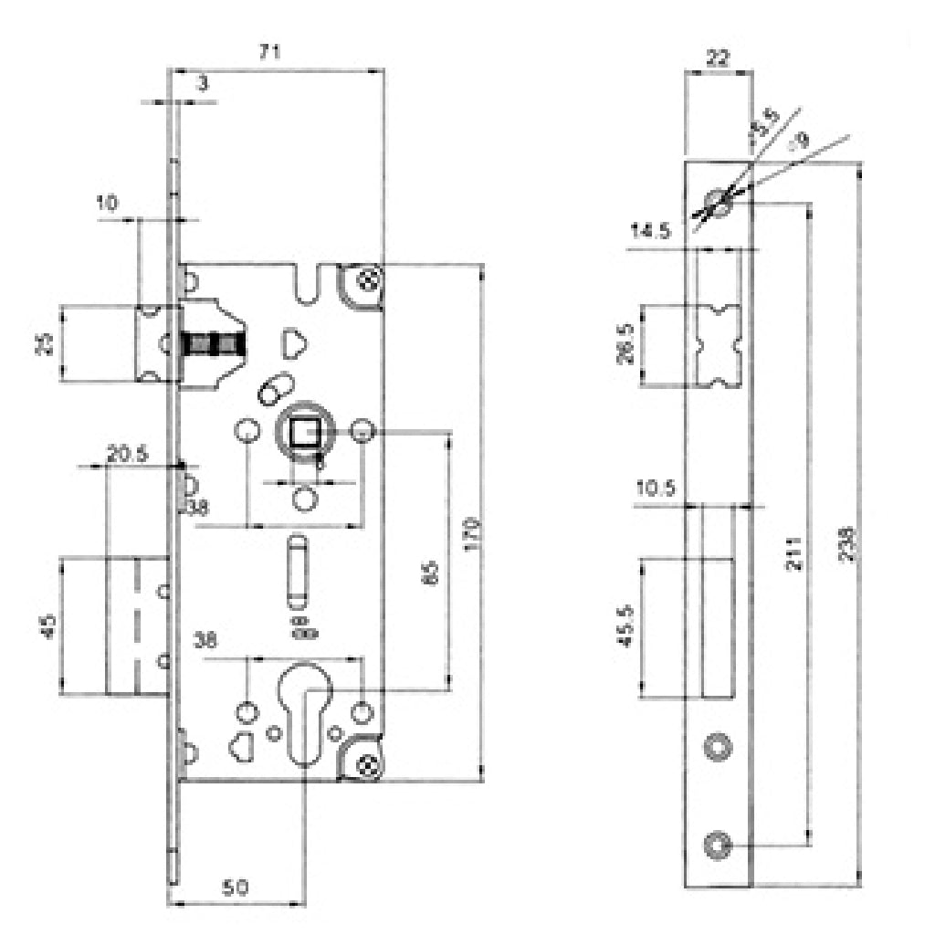 Serratura foro cilindro bordo quadro con interasse da 85 mm